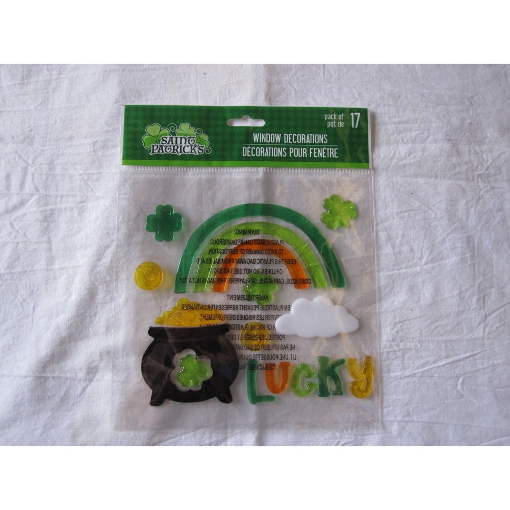 NEW Happy St Pats Day Rainbow Shamrock LUCKY Pot of Gold Window Gel Clings 17 ct
